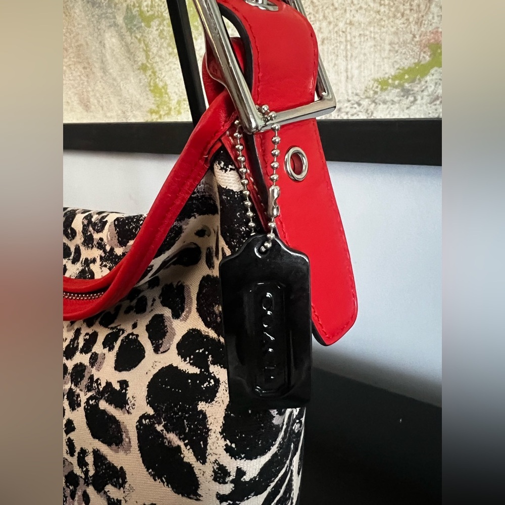 COACH Legacy Ocelot Print Hobo Black Red Multi Canvas Leather Handbag - Picture 3 of 14